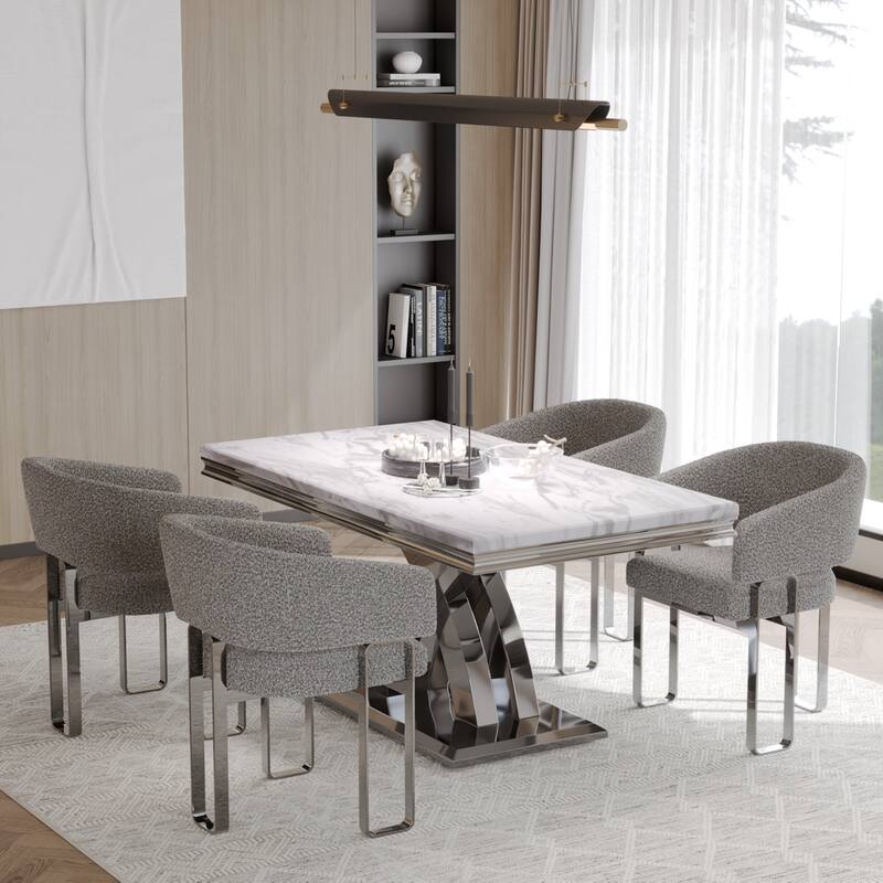 Luxury Dining Room Table Set with Armrest Dining Chairs - Silver - Table with 4 Chairs