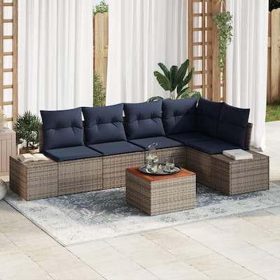 vidaXL 6 Garden Sofa Set with Cushions Black/Grey Poly Rattan - 103.9 x 60.6 x 27.2