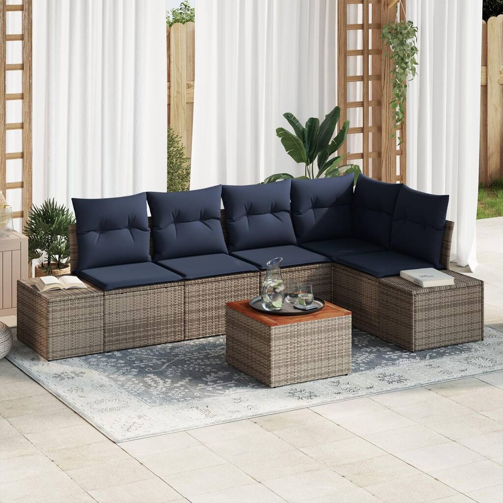 vidaXL 6 Garden Sofa Set with Cushions Black/Grey Poly Rattan - 103.9 x 60.6 x 27.2