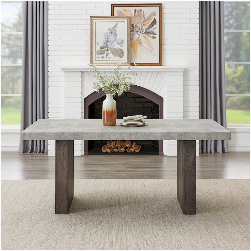 Roundhill Furniture Sorlen 6-Piece Dining Set, 3D Faux Concrete Table with 4 Chocolate Fabric Chairs and a Bench