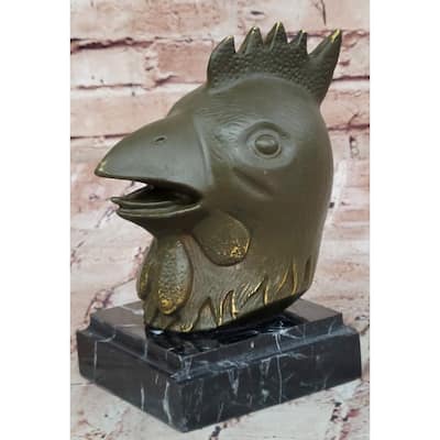 Bronze Rooster Head Bust On Marble Base – Stylized Zodiac Sculpture