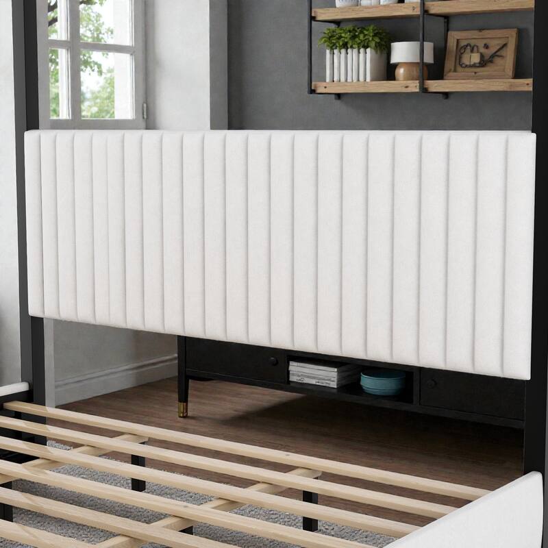Upholstered Canopy Platform Bed with Headboard, Metal Frame Queen King Bed, No Box Spring Needed