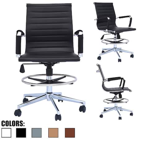 Modern Mid Back Ribbed PU Leather Swivel Tilt Adjustable Seat Task Office Drafting Chair With Arms Foot Rest