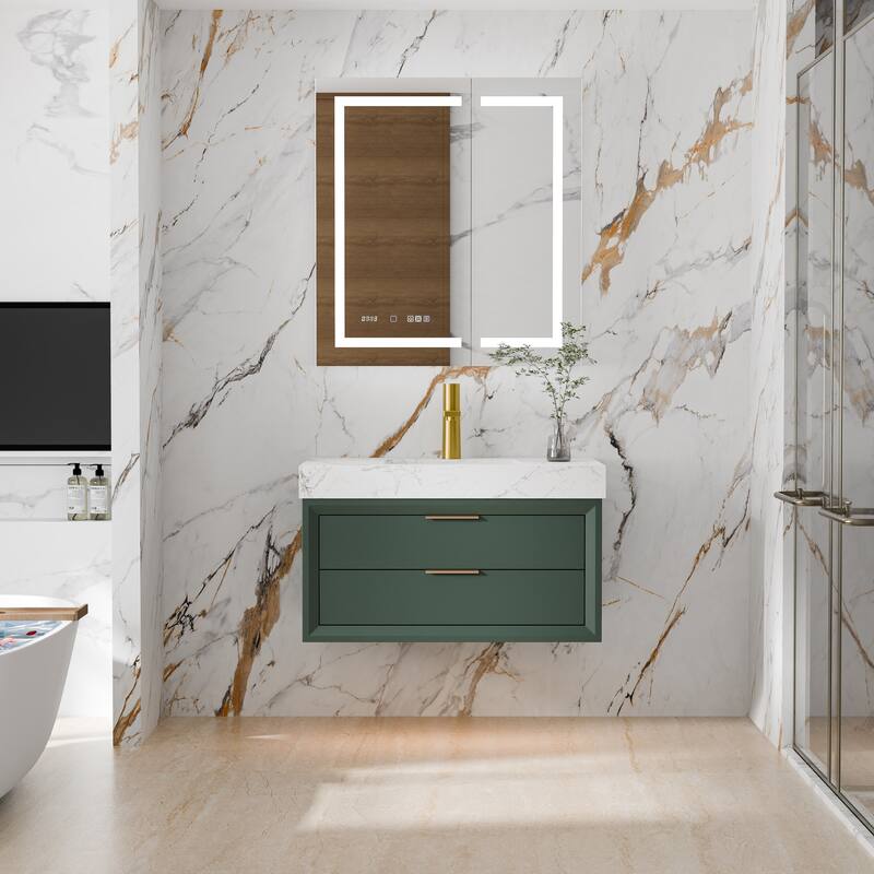 36/48/60 Modern LED Floating Bathroom Vanity with Single/Double Sink & Soft-Close Drawers & Waterproof, Green - 36''single sink