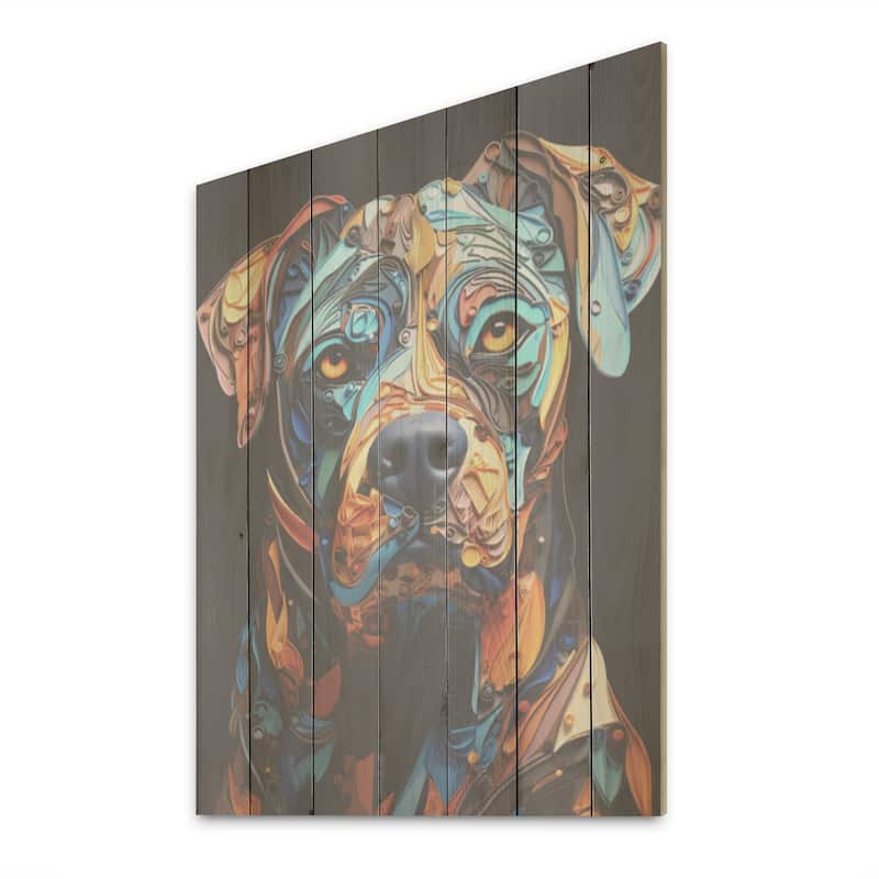 Designart "Boxer Boldness I" Dog Wood Wall Decor - Modern Blue Wood Panel On Natural Pine Wood