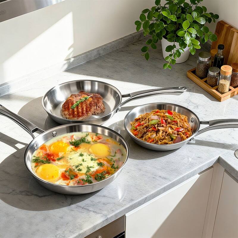 Tri-Ply Skillets Set Stainless Steel Chef's Pan Cookware Set