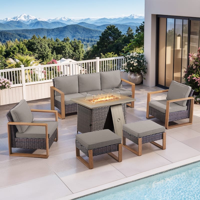 Pocassy 6 Pieces Outdoor Sofa Patio Chair Ottoman with Fire Pit Table Set - Gray cushion - Brown Wicker