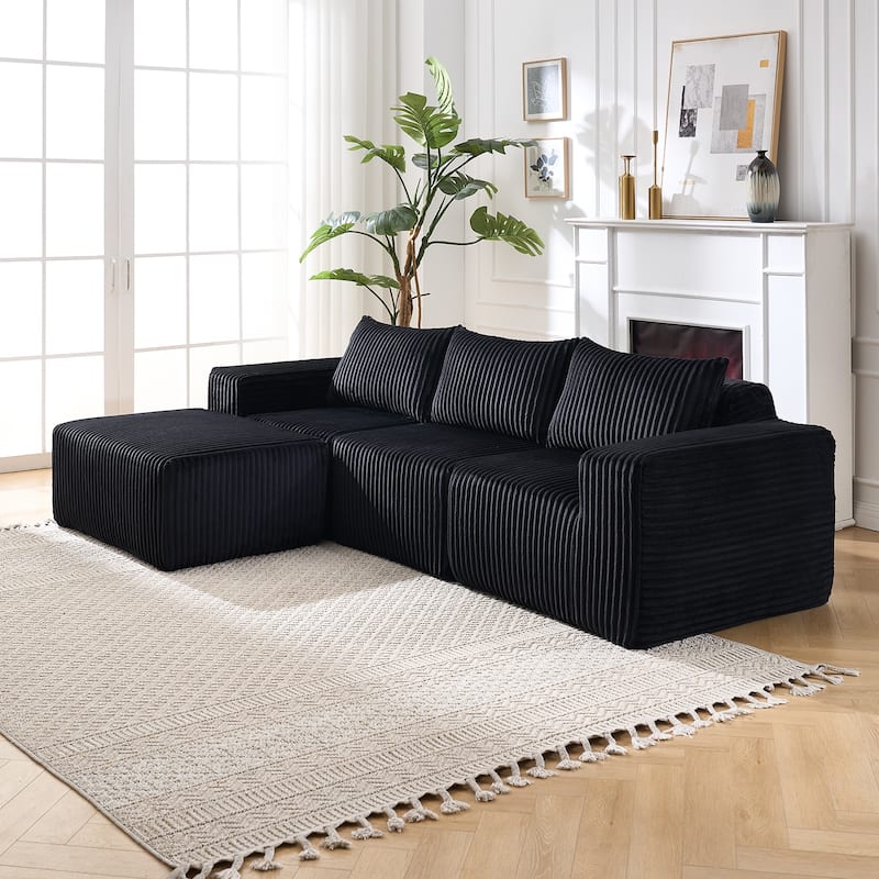 Minimalist Modular Corduroy Cloud Couch, L-shaped Sectional Sofa with Deep Seats and Ottoman Chaise Lounge for Living Room