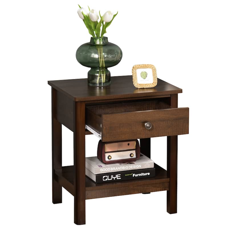 HOMCOM Bedside Night Stand with Drawer, Top and Bottom Shelf for Small Spaces, Dark Brown