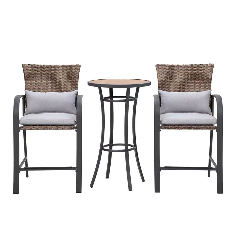 3-Piece Wicker Bar Height Outdoor Dining Set Patio Bar Sets Outdoor Bar Table Bar Stools with Gray Cushions