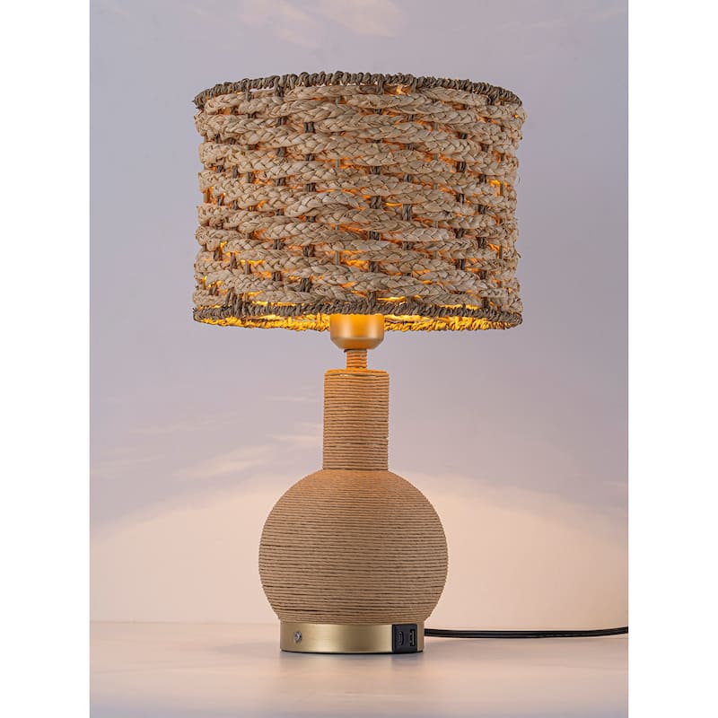 Amber 19" Rattan Table Lamp with USB 3-Way Touch Dimmer