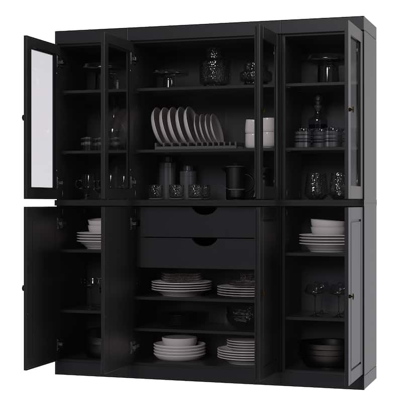 Palace Imports 100% Solid Wood Kitchen China Cabinet Pantry with Glass or Solid Wood Doors and 2-Drawer Kit - 65" x 71.5"