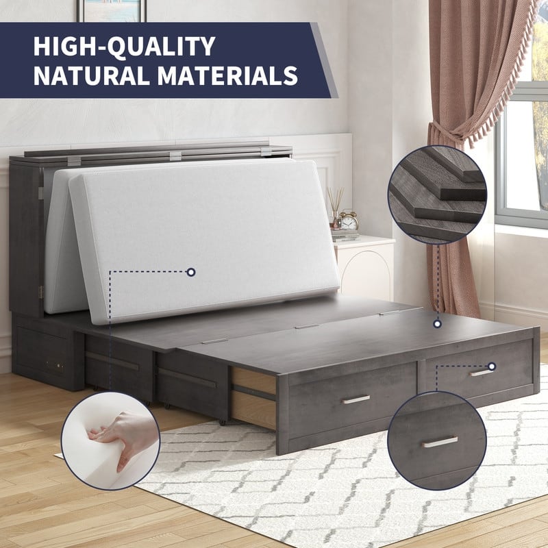 Mixoy Modern Murphy Bed Chest with Mattress,Storage Drawer,Charging Station