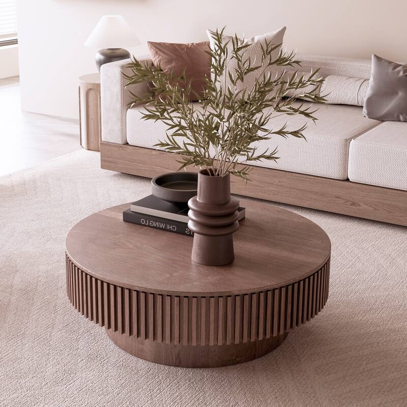 39.37" Round Coffee Table with Storage Solid Wood Veneered Modern Accent Table for Living Room or Bedroom