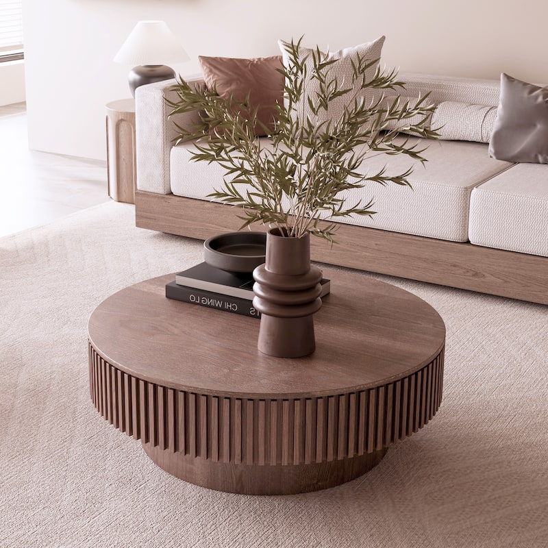 39.37'' Round Coffee Table Tea Table with Storage Space, Minimalist Accent Table Sofa Table Center Table - Walnut