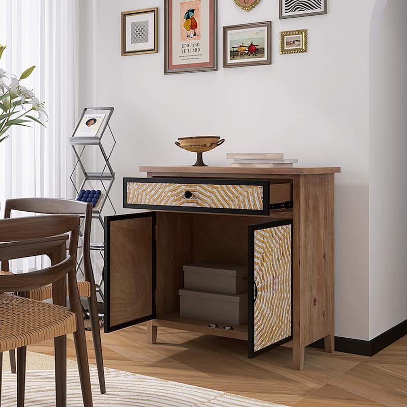 Natural Wood 30.71 in. H Storage Cabinet with Drawers and Doors - 29.53" x 14.17"