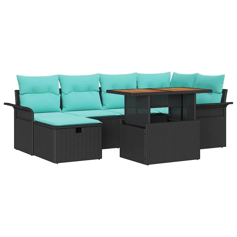 vidaXL 7 Garden Sofa Set with Cushions Black/Grey Poly Rattan - 95.5 x 52.2 x 27.2