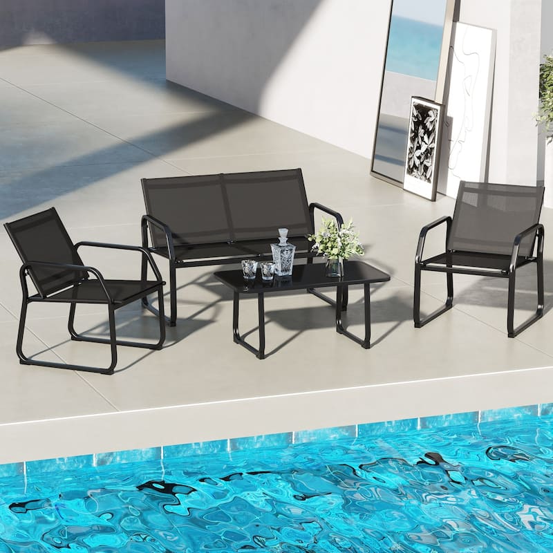 Black 4-Piece Outdoor Seating Set with Tempered Glass Table Sturdy Loveseat and 2 Fabric Chairs - 46" x 28" x 30"