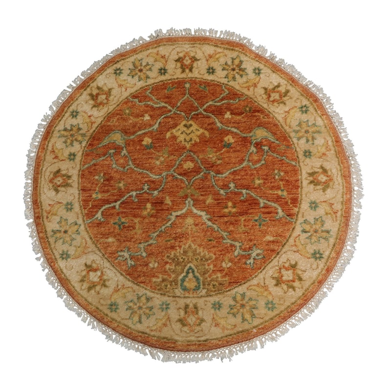 Agra Traditional Botanical Gold Wash Silky Sheen 3'1''x3'1'' Round Hand Knotted New Zealand Wool Burnt Orange Rug - 3' 1'' x 3' 1''-Round