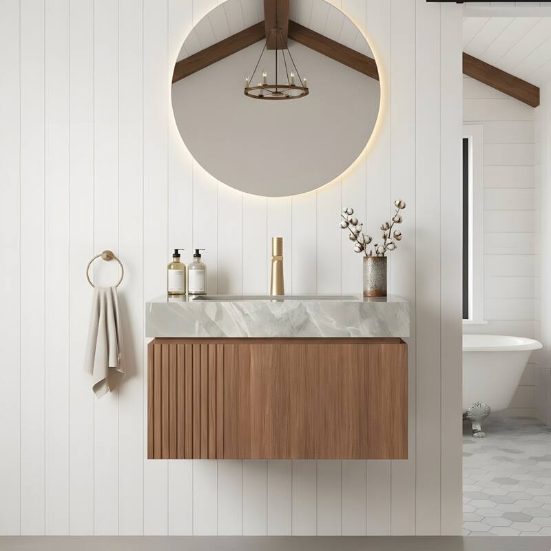 Floating Bathroom Vanity with 1 Pre-drilled Faucet Holes - 30 - Brown Oak