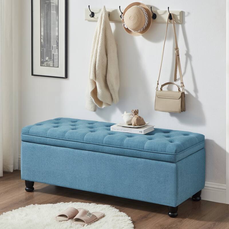 Bedroom End of Bed Bench with Spindle Wood Legs, Upholstered Decorative Stool Elegant Storage Bench with Flipping Lid