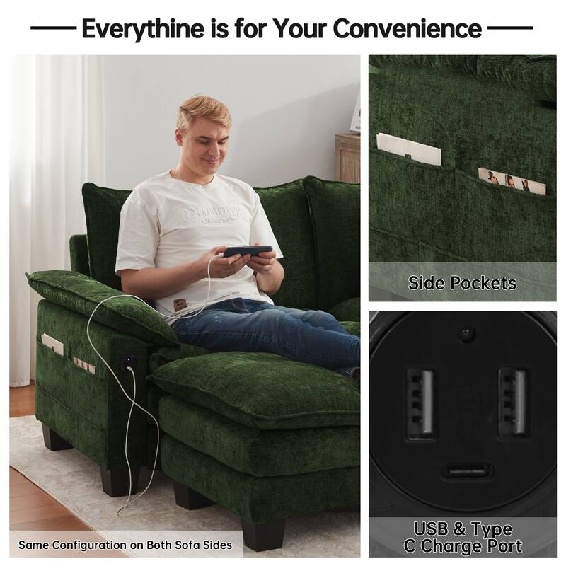 144" Modular Compression Sofa Set Convertible Sectional Sleeper Couch with 2 Ottomans