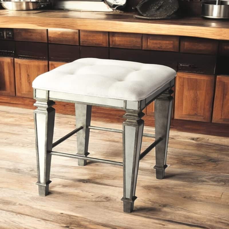 Silver Wood Frame Counter Height Bar Stool with White Cotton Upholstered Seat - 18” x 18” x 30” (D x W x H)