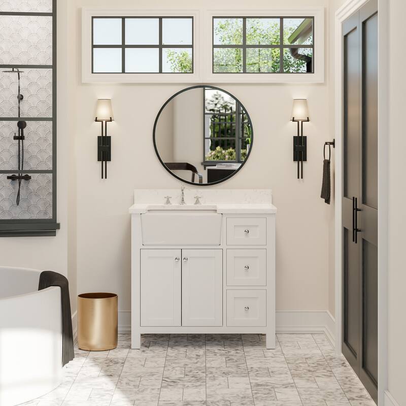 KitchenBathCollection Yorkshire 36" Farmhouse Bathroom Vanity with Engineered Marble Top - White