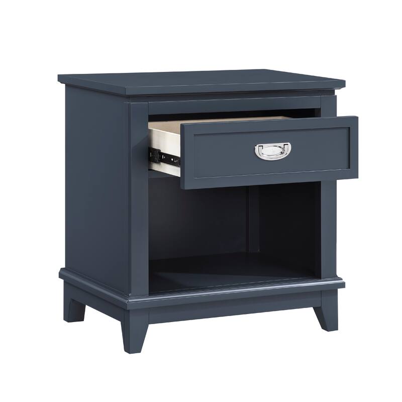 Sely Nightstand, 1 Drawer w Open Cubby, Navy Blue Wood, Ring Handle