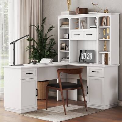 Modern L-Shaped Computer Desk with Drawers, Bookshelf & Cabinets