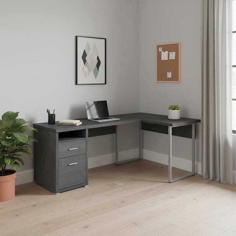 HomeRoots 79" Gray and Silver L Shape Computer Desk With Two Drawers