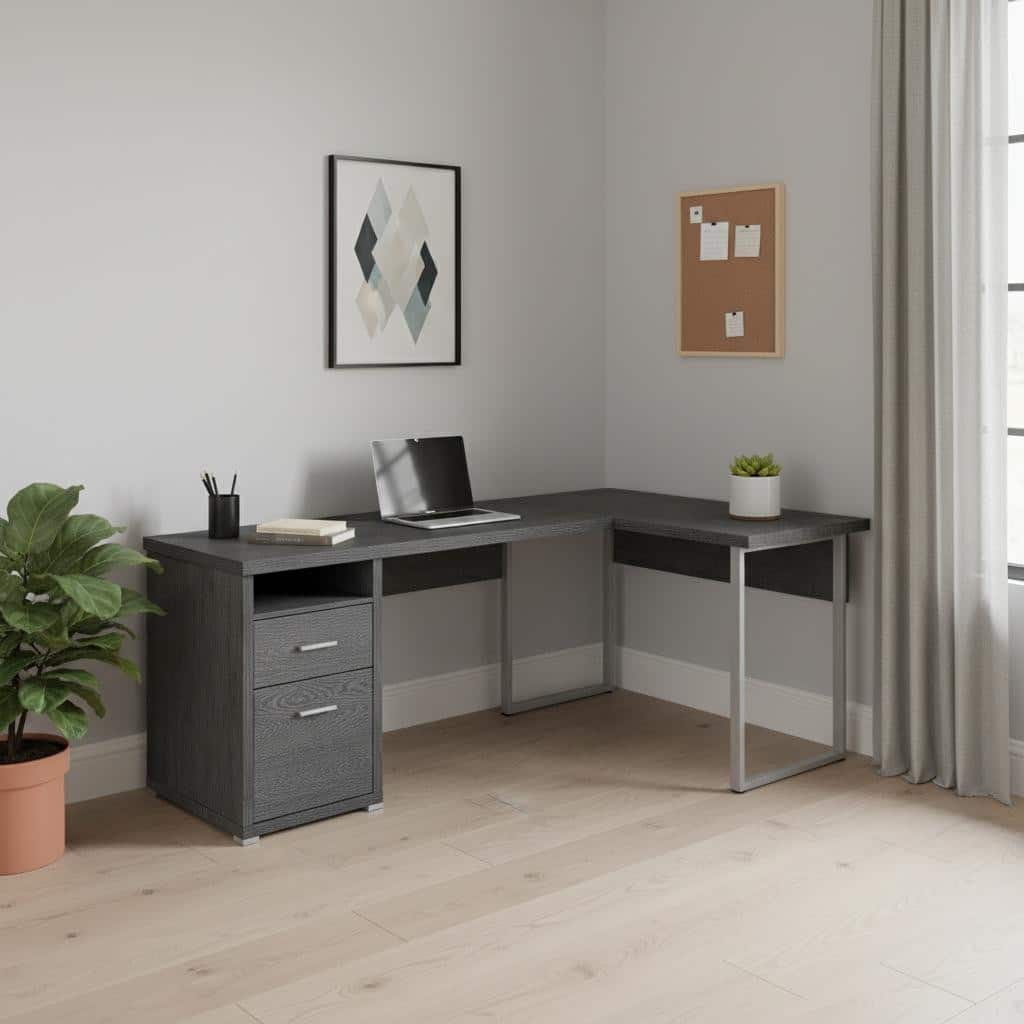 HomeRoots 79" Gray and Silver L Shape Computer Desk With Two Drawers