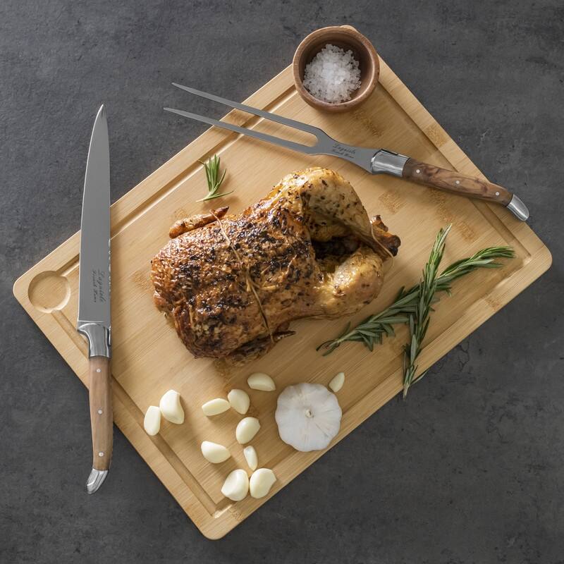French Home Laguiole Olive Wood Carving Set with Wood Cutting Board