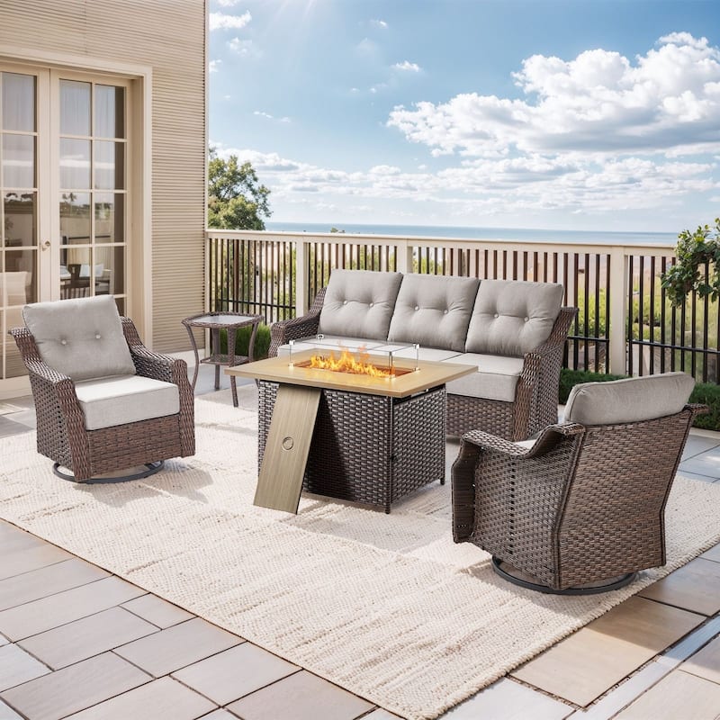 5-Piece Sofa Swivel Chairs with 41 Inch Fire Pit Table - Brown Wicker & Beige Cushion