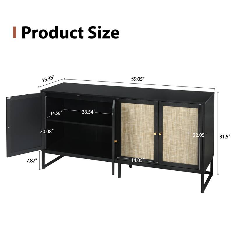 Wood Rattan 4-Door Buffet Sideboard With Storage