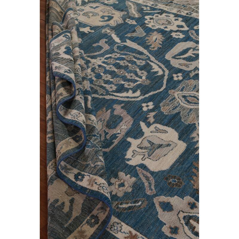 Hand Knotted Oriental 100% Wool Carpet Transitional All-Over Navy Blue & Blues Oushak Area Rug - 12' 4'' X 8' 11''