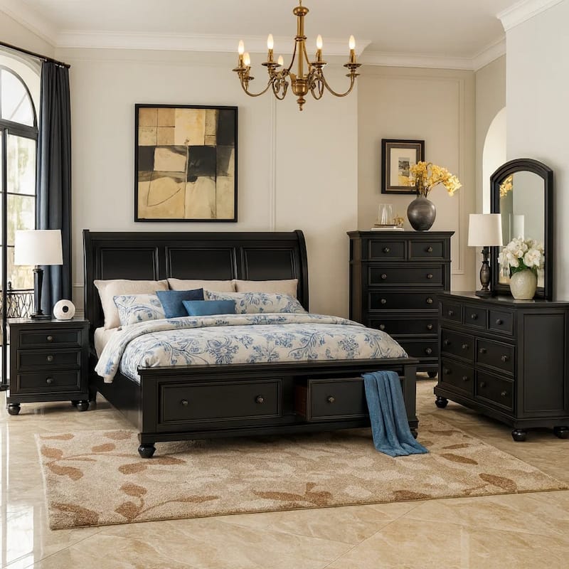 Transitional Style Seven Drawer Wooden Dresser with Round Bun Legs, Black