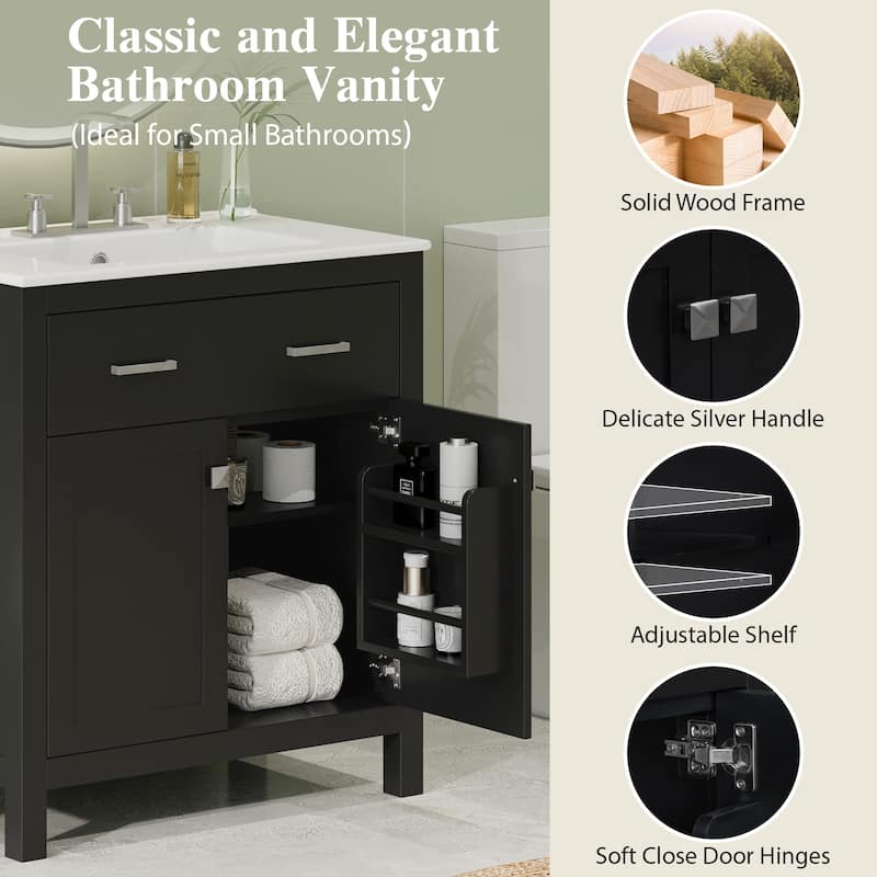 30" Modern Bathroom Vanity with Ceramic Sink, Soft-Close Doors, Flip-Out Drawer & Adjustable U-Shaped Shelf