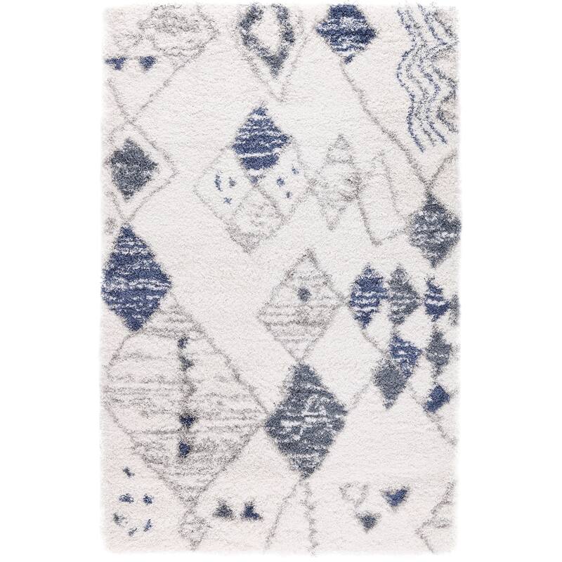 Noori Rug Lux Nolan Geometric 2-inch Thick Shag Rug - 10'0" x 14'0" - Ivory/Blue