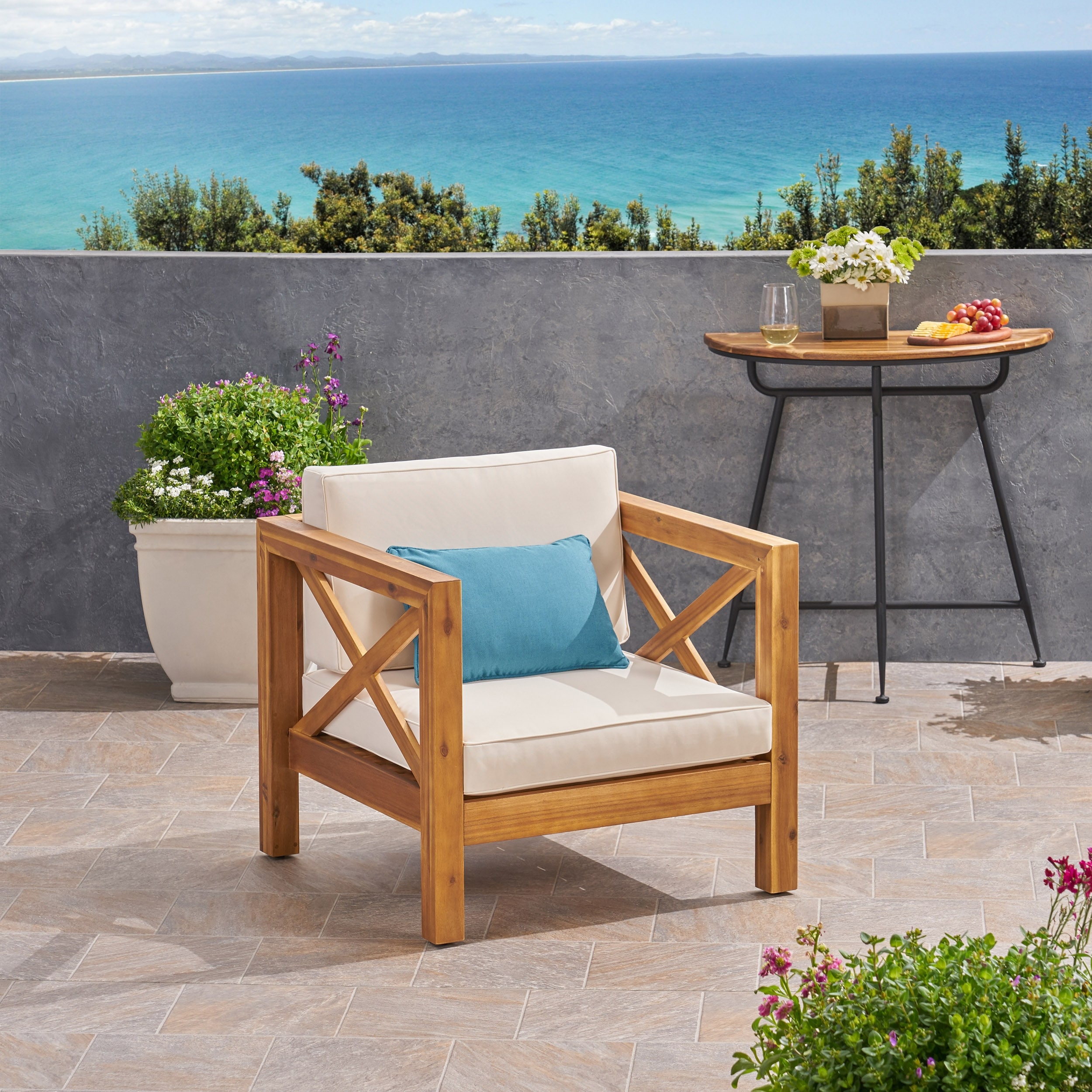 Brava Outdoor Acacia Wood Club Chair with Cushion by Christopher Knight Home