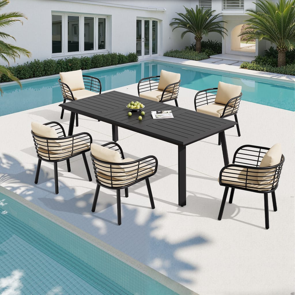 7-PC Outdoor Patio Aluminum Dining Set Table With Dining Chairs Sunbrella Seat&Back Cushions Umbrella Hole