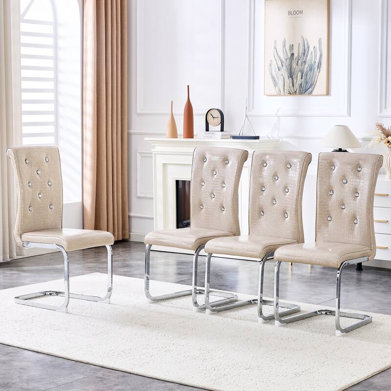 Set of 4, Retro Faux Alligator Skin Upholstered Dining Chairs, with Crystal Buckle Design and Faux Leather Design - Beige