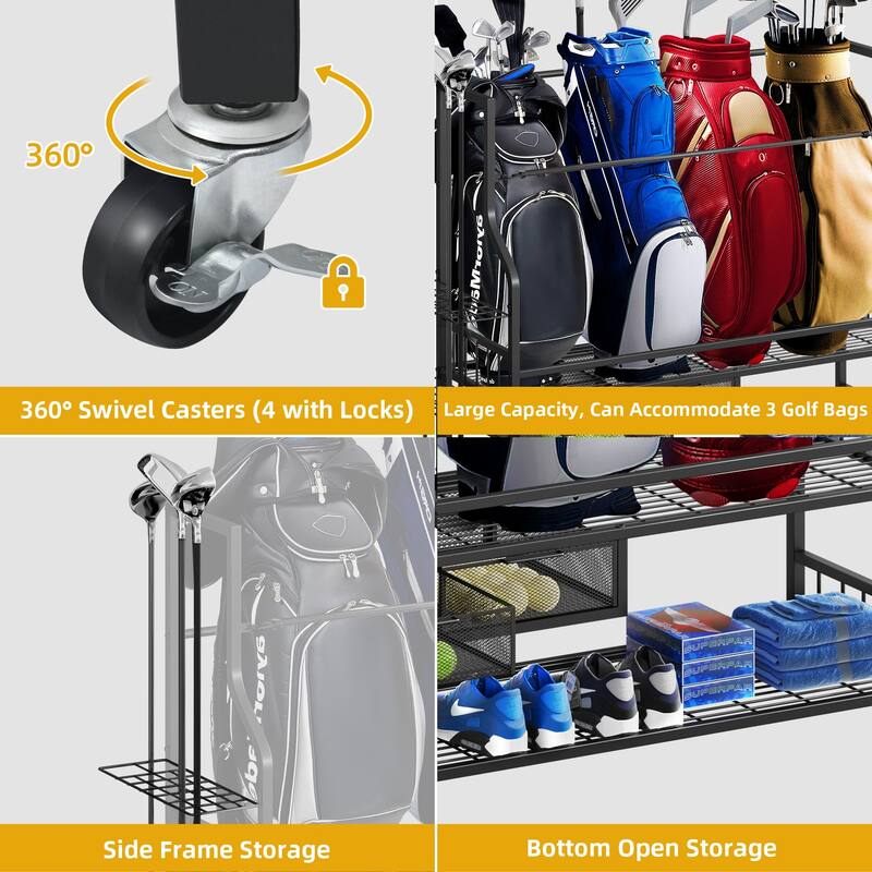 Moasis Portable Sports Rack Garage Organizer Sports Golf Storage Rack with Wheels
