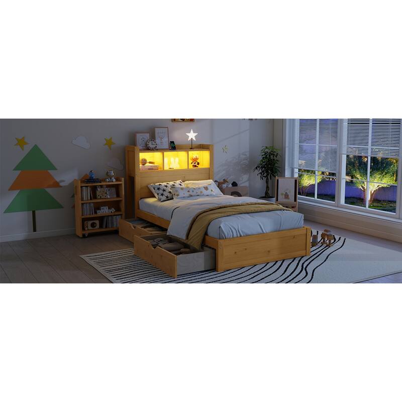 Roomfitters Twin/Full Platform Bed, LED Bookcase Headboard and Pull Out Storage Drawers with Wooden Frame for Bedrooms