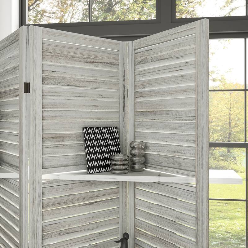 HOMCOM 4 Panel 67" Tall Wood Room Divider, Privacy Screen with 3 Display Shelves, and Folding Storage for Bedroom or Home Office