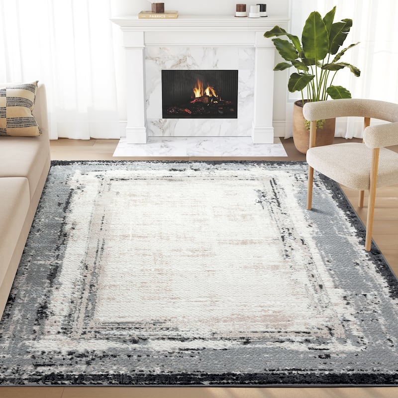 Abani Viva VIV140A Ivory Abstract Border Grey Area Rug - 4' x 6'