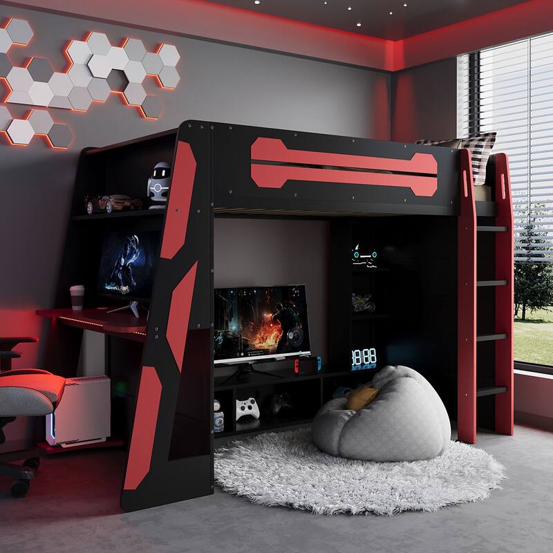 Esports Twin Loft Bed with Desk, Multi-storage Shelves and Light Strip