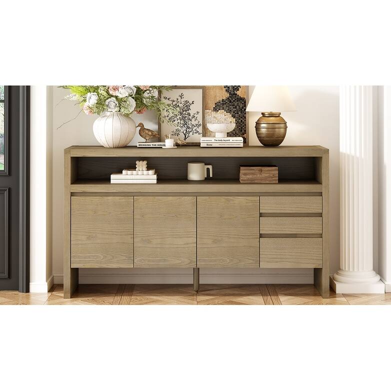 60" 3-Door Sideboard with 3 Drawers - Semi-Open Shelf & Center Semi-Circular Cutout in Back Panel