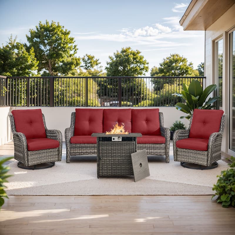 Pocassy Fire Pit Table with Sofa Swivel Chairs Set - Grey Wicker Red Cushion - 4 Pieces Sofa Chairs with Fire Table