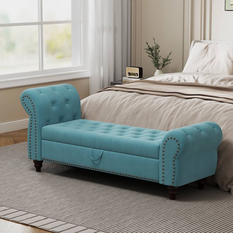 64.5" Bed Bench for Bed Room Nails Tufted Chaise of Lounge with Storage Velvet Upholstery Beige